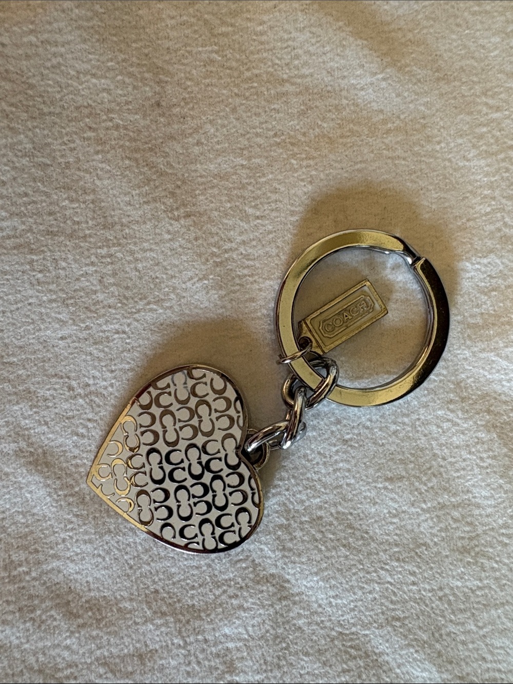 Coach Silver-Tone Heart Key Ring with Signature C Pattern